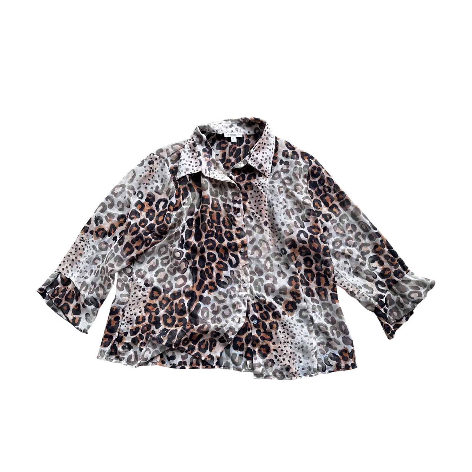 Nicola Leopard Print Sheer Button Down Shirt Brown Ruffle Cuff Xl